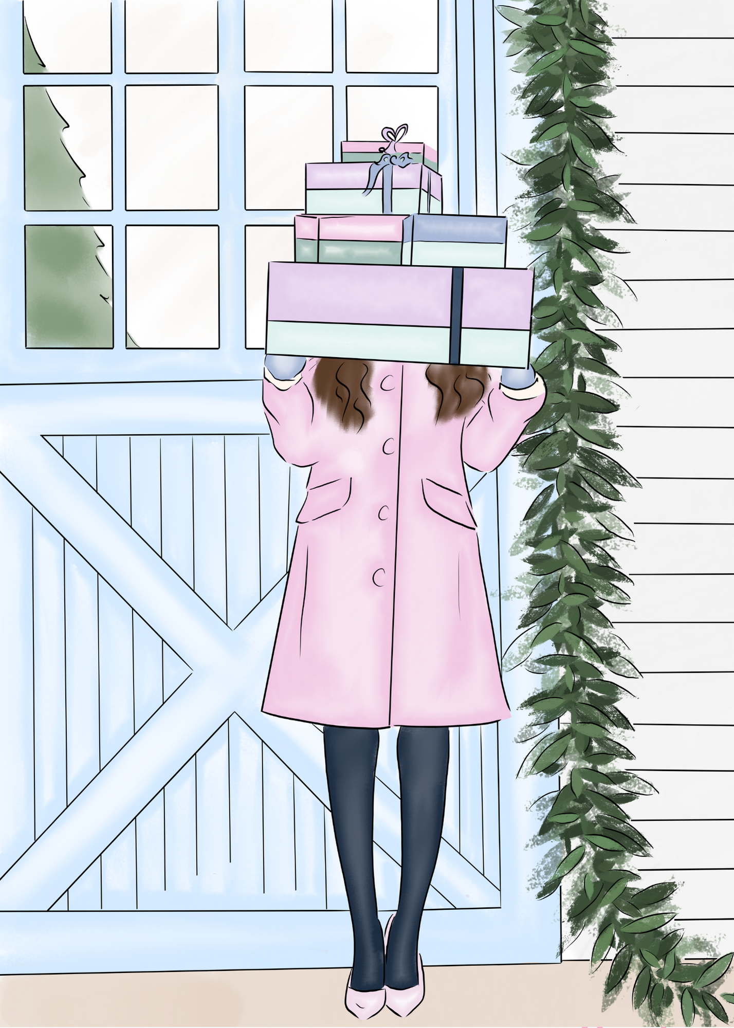 🎄 Woman w/Gifts Holiday Card | 4.25" x 5.5" card w/envelope | 2024 Holiday Collection