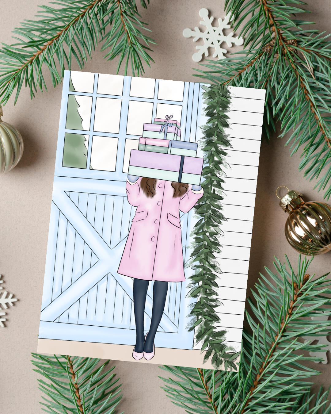🎄 Woman w/Gifts Holiday Card | 4.25" x 5.5" card w/envelope | 2024 Holiday Collection