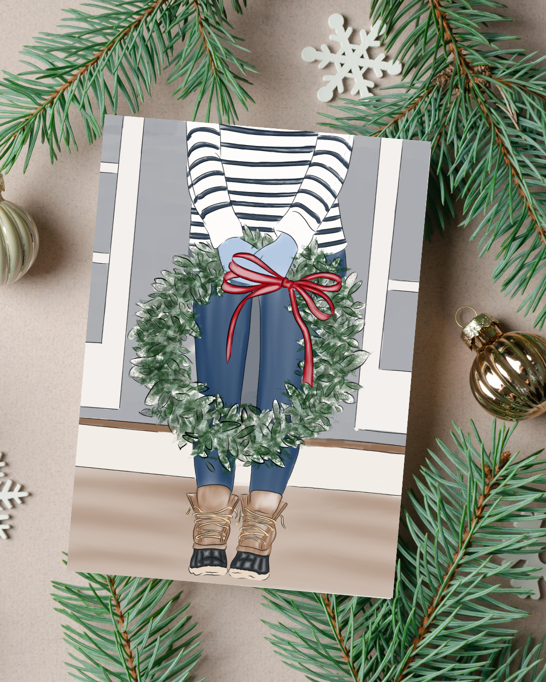 🎄 Bean Boots and Wreath Holiday Card | 4.25" x 5.5" card w/envelope | 2024 Holiday Collection